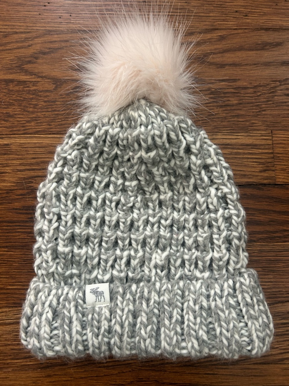 abercrombie kids Grey Knit Beanie with Light Pink Faux Fur Pom